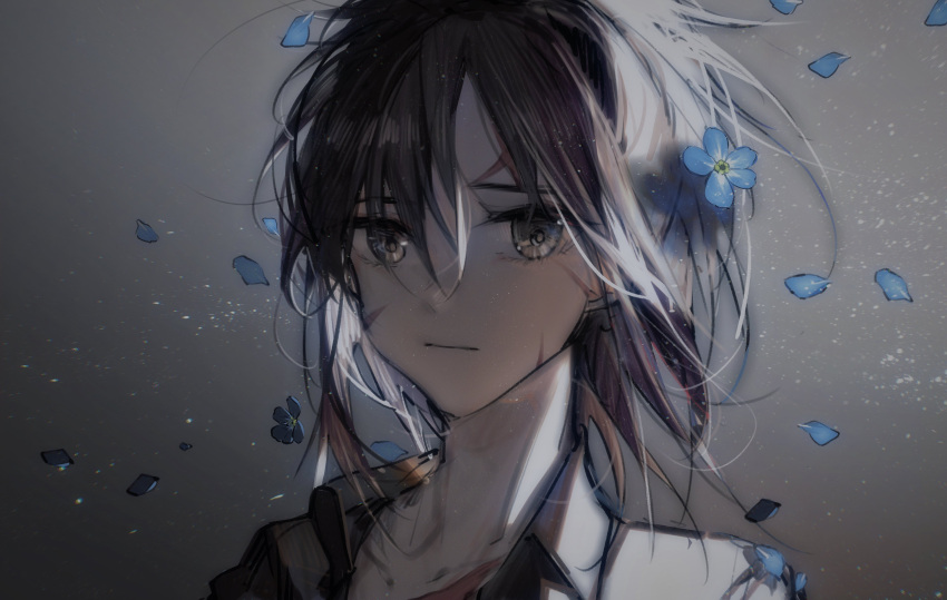 1girl, absurdres, angelia_(girls'_frontline), black_hair, blue_flower, blueblossom, collared_shirt, commentary, english_commentary, expressionless, falling_petals, flower, girls_frontline, hair_between_eyes, highres, looking_at_viewer, messy_hair, petals, portrait, scar, scar_on_face, shirt, solo, yellow_eyes