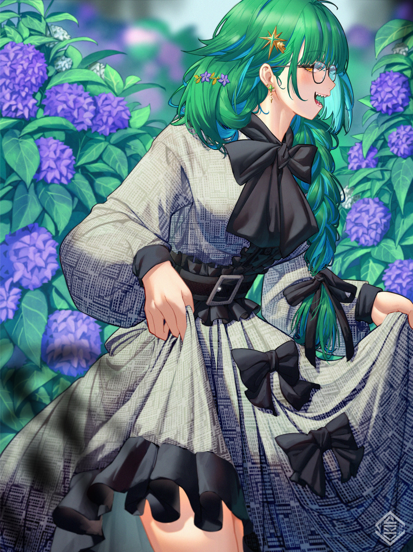 1girl, aqua_hair, bangs, belt, black_belt, black_bow, bow, braid, clothes_lift, colored_inner_hair, dress, dress_lift, flower, french_braid, frills, from_side, glasses, green_hair, grey_dress, hair_flower, hair_ornament, highres, kitakoji_hisui, long_sleeves, looking_at_viewer, multicolored_hair, nijisanji, open_mouth, orange_eyes, orewajedman, puffy_long_sleeves, puffy_sleeves, purple_flower, sharp_teeth, single_braid, smile, solo, streaked_hair, teeth, virtual_youtuber