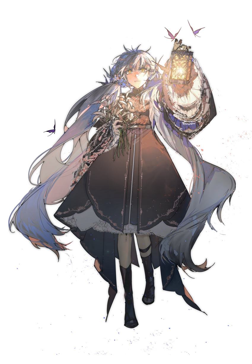 1girl, absurdres, black_dress, black_footwear, blueblossom, clotho_(girls'_frontline_nc), commentary, dress