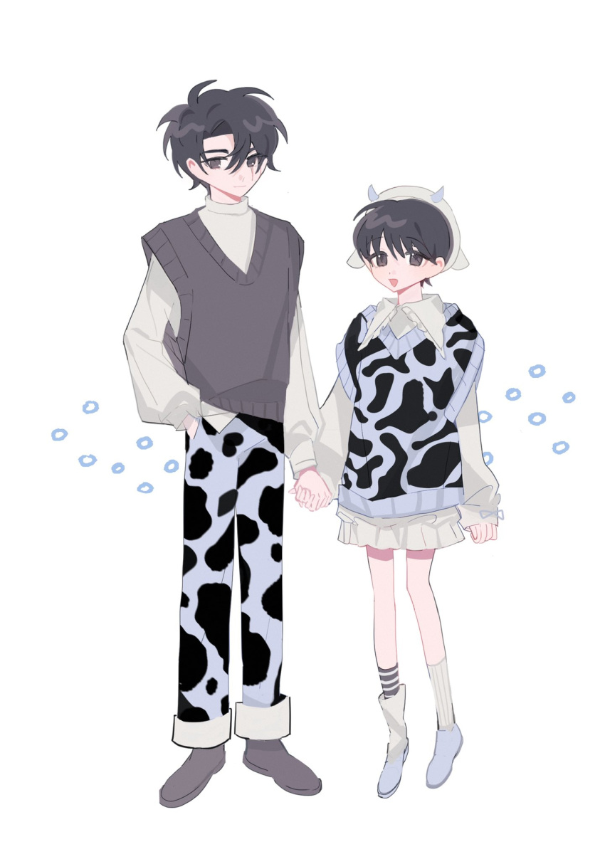 2boys, alternate_costume, animal_print, asymmetrical_legwear, bangs, black_hair, black_vest, brown_eyes