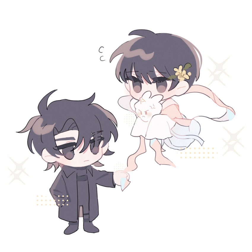 2boys, alternate_costume, anger_vein, bangs, black_eyes, black_footwear, black_hair, black_jacket