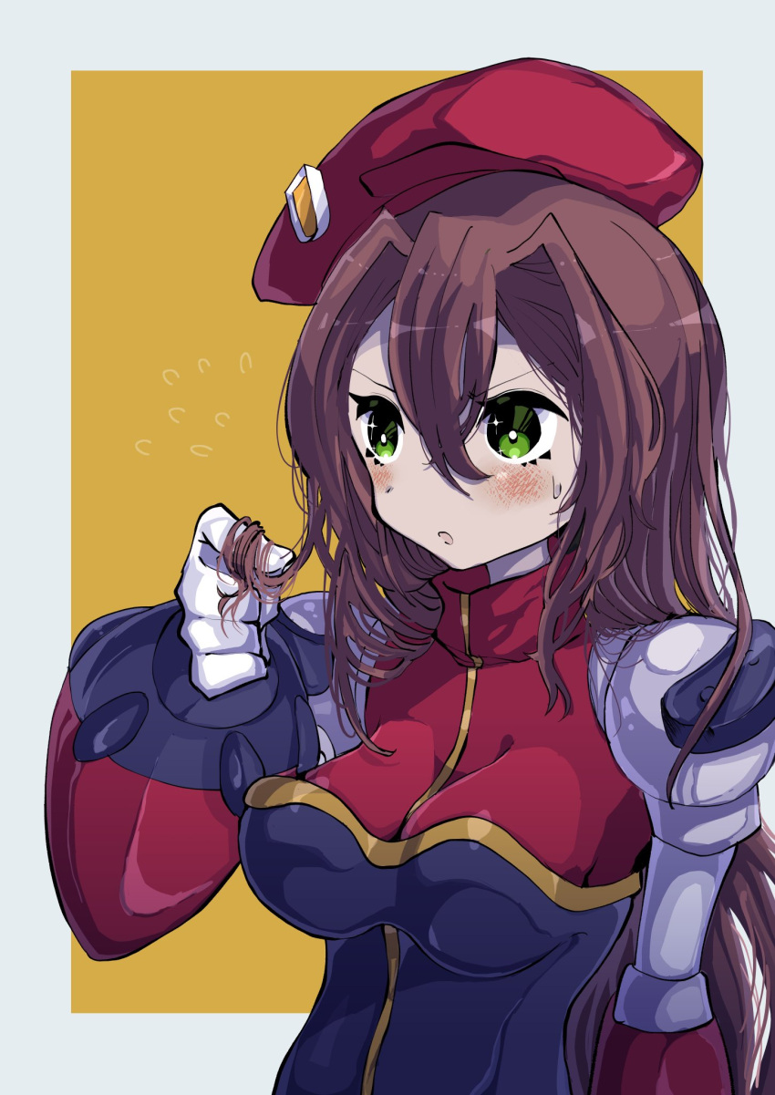 1girl, android, beret, breasts, brown_hair, green_eyes, hat, highres