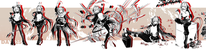 1girl, absurdres, alternate_costume, antenna_hair, arknights, arm_support, arms_up, belt_pouch