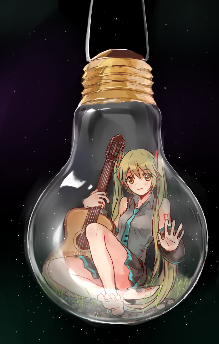 1girl, 270_(woshizongg), acoustic_guitar, aqua_eyes, aqua_hair, aqua_necktie, arm_warmers, bangs, bare_legs, barefoot, black_background, black_skirt, black_sky, chinese_commentary, closed_mouth, collared_shirt, frilled_shirt, frills, grass, grey_shirt, guitar, hatsune_miku, holding, holding_instrument, instrument, light_bulb, long_hair, looking_outside, minigirl, miniskirt, necktie, pebble, pleated_skirt, shirt, shrinking, sitting, skirt, sky, sleeveless, sleeveless_shirt, solo, star_(sky), starry_sky, straight-on, tattoo, twintails, vocaloid