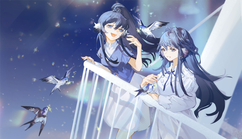 2girls, :d, absurdres, arknights, astesia_(arknights), astgenne_(arknights), beak_hold, bird