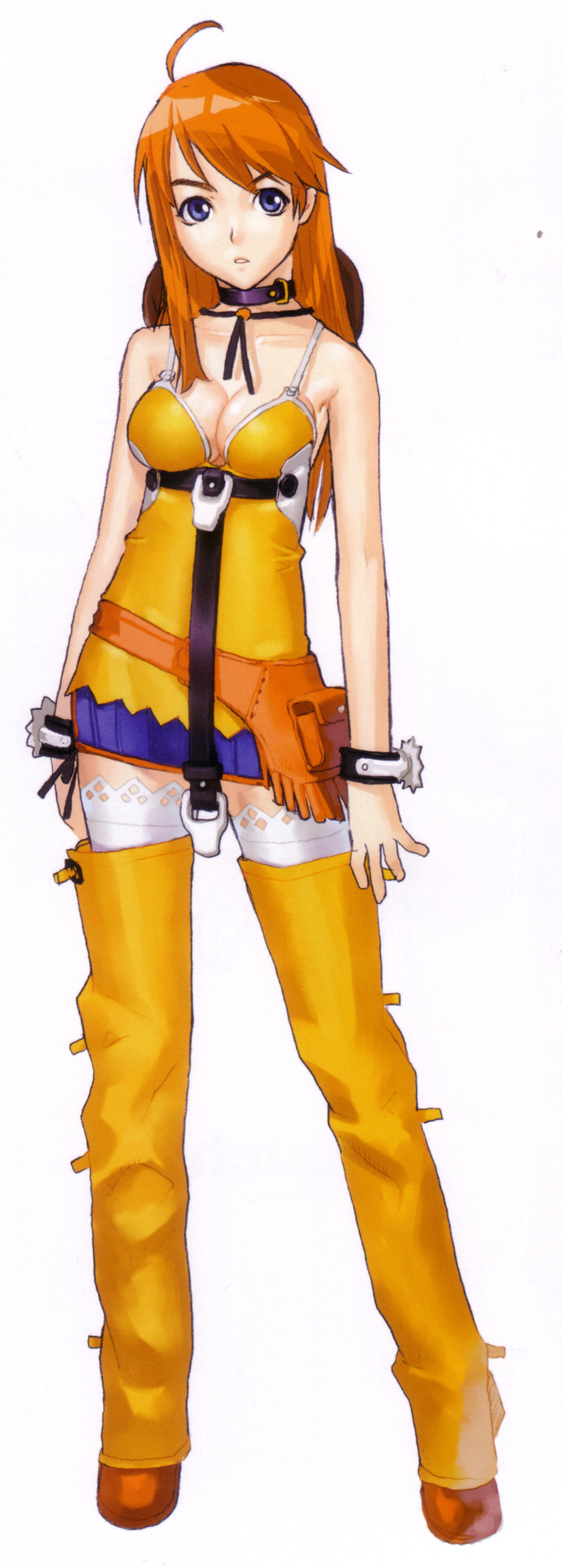 bakuretsu_tenshi, beltbag, beltskirt, blue_eyes, bracelet, breasts, chaps, choker