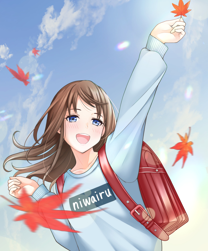 1girl, :d, absurdres, arm_up, autumn_leaves, awazake_(2wairu), backpack, bag
