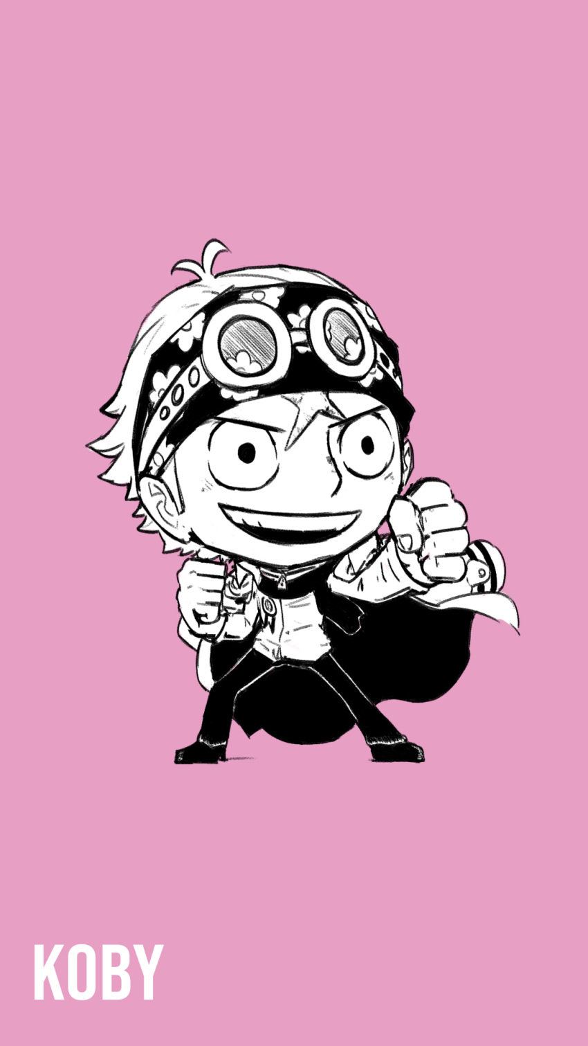 1boy, antenna_hair, blacknirrow, character_name, chibi, clenched_hands, coat, coat_on_shoulders