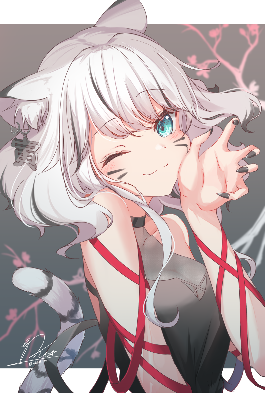 1girl, animal_ears, bangs, black_hair, black_nails, black_shirt, blush, breasts