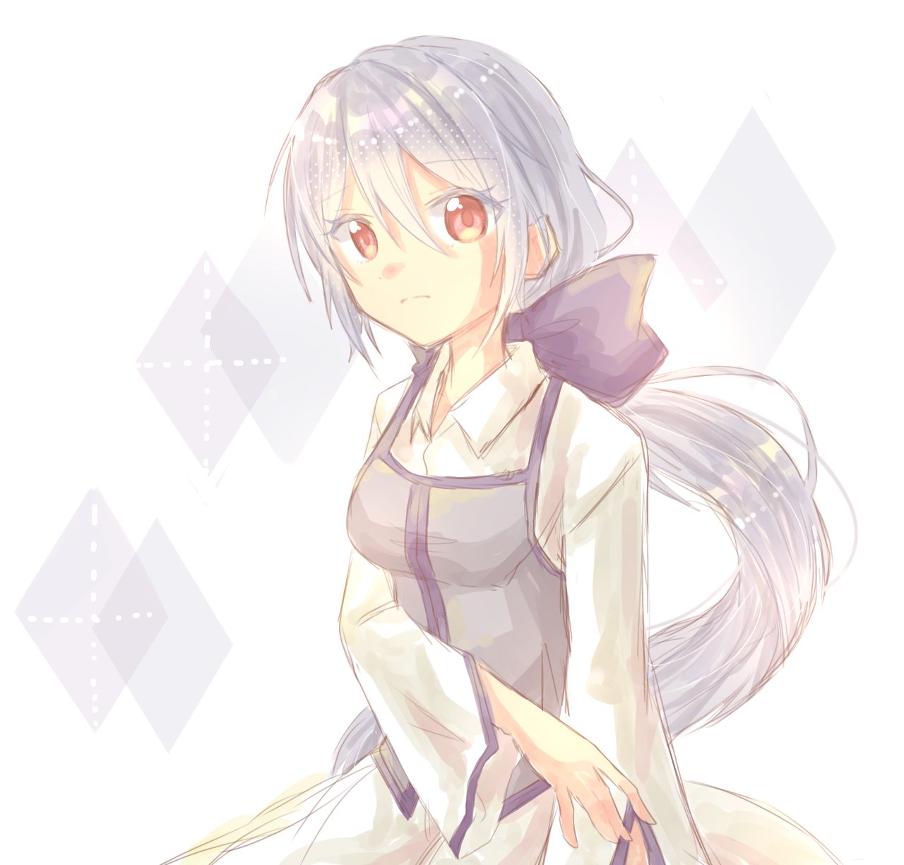 1girl, aquamarinu, clarith, closed_mouth, collared_dress, colored_eyelashes, dress, evillious_nendaiki, grey_apron, highres, long_hair, looking_at_viewer, ponytail, red_eyes, shiro_no_musume_(vocaloid), solo, upper_body, very_long_hair, vocaloid, voyakiloid, white_dress, white_hair, yowane_haku