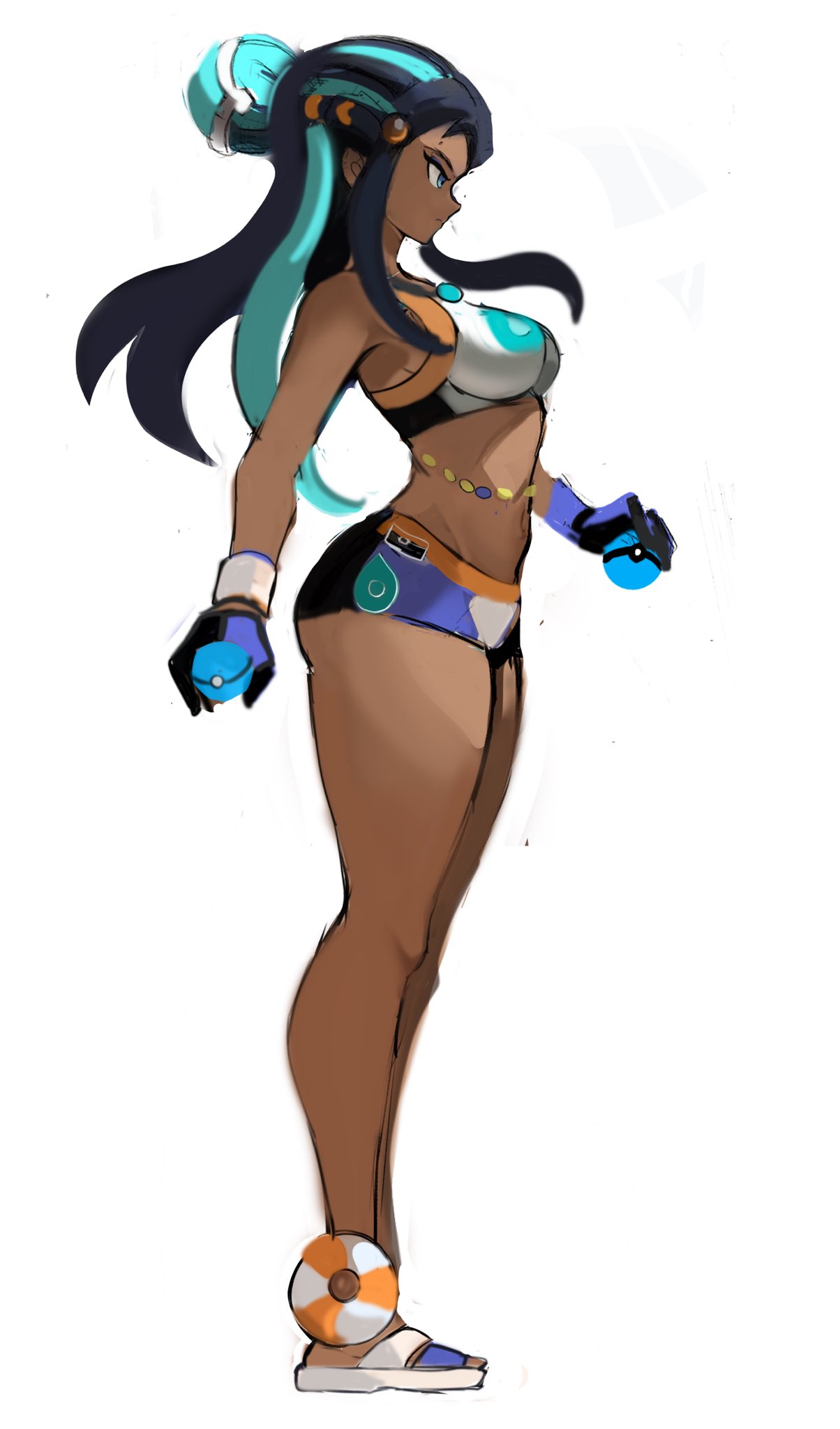 black_hair, blue_gloves, blue_hair, breasts, dark_skin, from_side, gloves, hair_bun