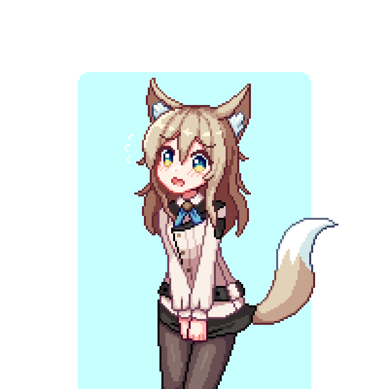 1girl, animal_ears, arknights, black_pantyhose, blue_background, blue_necktie, blush, cosplay, cowboy_shot, cross_tie, dog_ears, dog_girl, dog_tail, green_eyes, hair_between_eyes, light_brown_hair, long_hair, long_sleeves, looking_at_viewer, necktie, open_mouth, pantyhose, perfumer_(arknights), perfumer_(arknights)_(cosplay), perfumer_(species_plantarum)_(arknights), pixel_art, podenco_(arknights), shirt, simple_background, solo, tail, thejunebug, two-tone_background, white_background, white_shirt