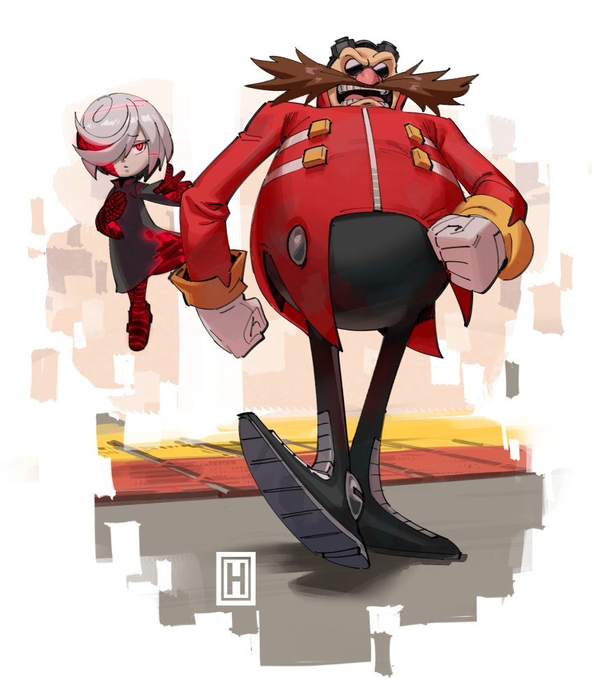 1boy, 1girl, absurdres, bald, black_dress, child, dr._eggman, dress, facial_hair, fat, fat_man, female_child, floating, full_body, gloves, highres, mustache, open_mouth, red_eyes, sage_(sonic), sonic_(series), sonic_frontiers, thehelmet_guy, walking, white_gloves, white_hair