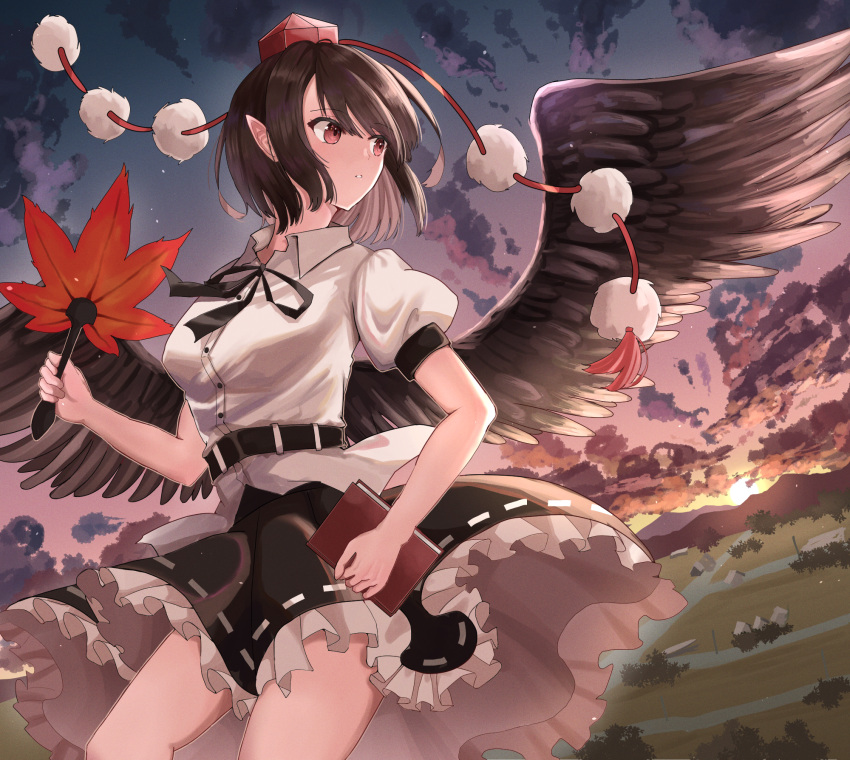 1girl, bird_wings, black_hair, black_skirt, black_wings, blush, collared_shirt, erisauria