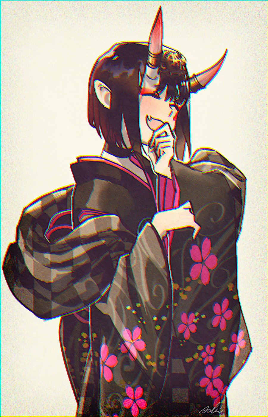 1girl, black_choker, black_kimono, bob_cut, choker, closed_eyes, cowboy_shot, eyeliner, fang, fate/grand_order, fate_(series), film_grain, floral_print, grey_background, headpiece, highres, horn_ornament, horn_ring, horns, isagiyo, japanese_clothes, kimono, makeup, oni, oni_horns, open_mouth, pointy_ears, print_kimono, purple_hair, short_eyebrows, short_hair, shuten_douji_(fate), shuten_douji_(lostroom_outfit)_(fate), skin-covered_horns, skin_fang, smile, solo, two-tone_kimono