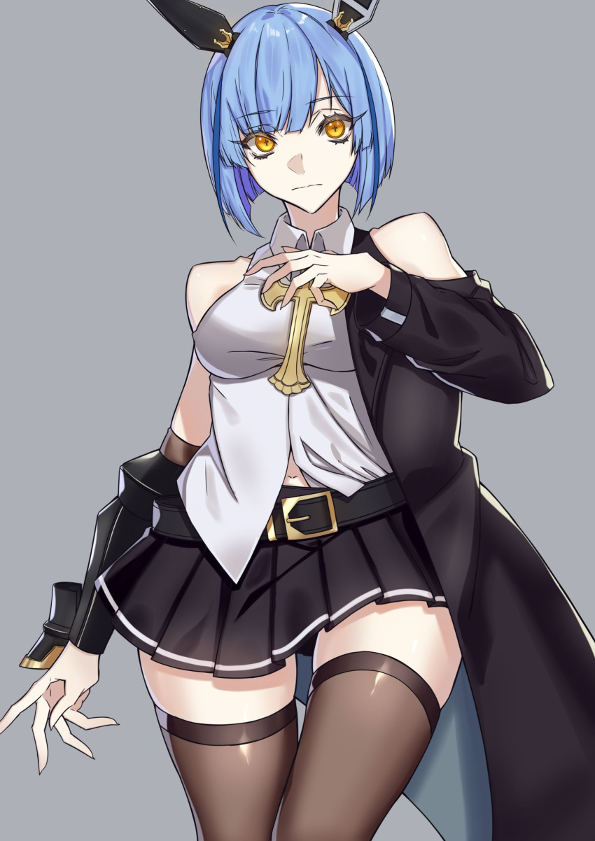 1girl, azur_lane, bare_shoulders, belt, blue_hair, collared_shirt, cross, cross-shaped_pupils, cross_necklace, gascogne_(azur_lane), gascogne_(muse)_(azur_lane), gauntlets, hand_up, highres, idol, jewelry, latin_cross, mechanical_ears, miniskirt, necklace, official_alternate_costume, ouka_(sakura_oinari), pleated_skirt, shirt, short_hair, skirt, sleeveless, sleeveless_shirt, symbol-shaped_pupils, thigh-highs, white_shirt, yellow_eyes