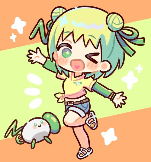 >_o, 1girl, commission, denim, denim_shorts, double_bun, green_eyes, green_hair