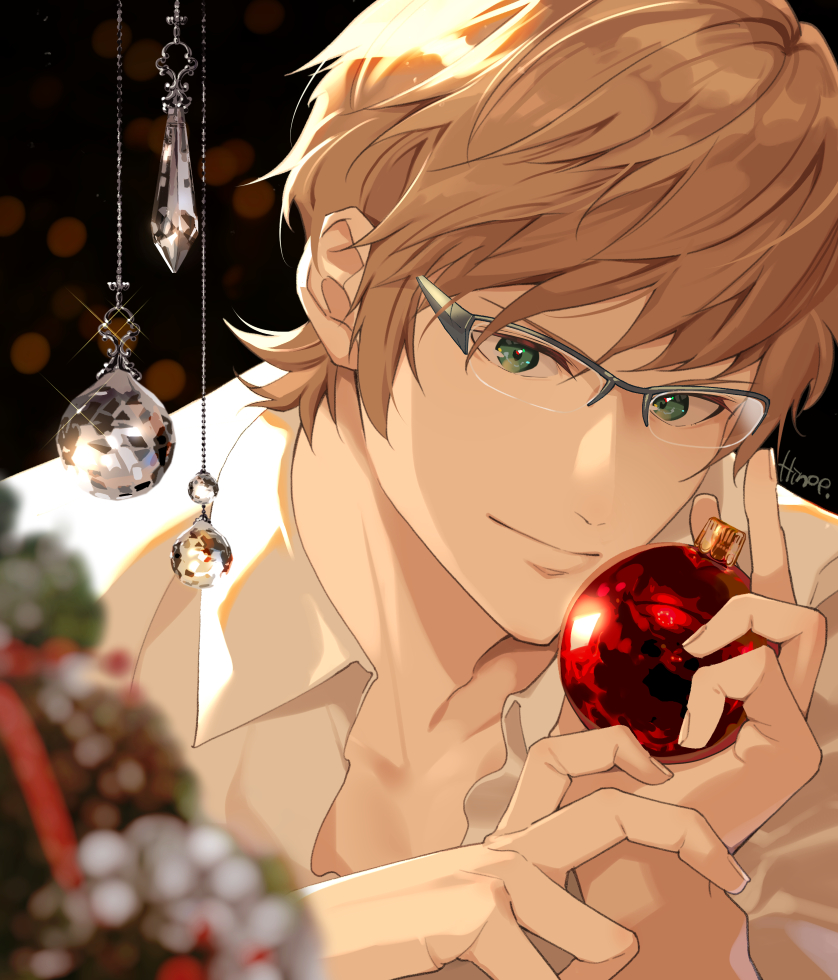 1boy, blurry, blurry_background, blurry_foreground, brown_hair, christmas, christmas_ornaments, collared_shirt, crystal, final_fantasy, final_fantasy_xv, glasses, green_eyes, hair_between_eyes, hinoe_(dd_works), holding_ornament, ignis_scientia, looking_at_viewer, male_focus, shirt, short_hair, smile, solo, upper_body, white_shirt