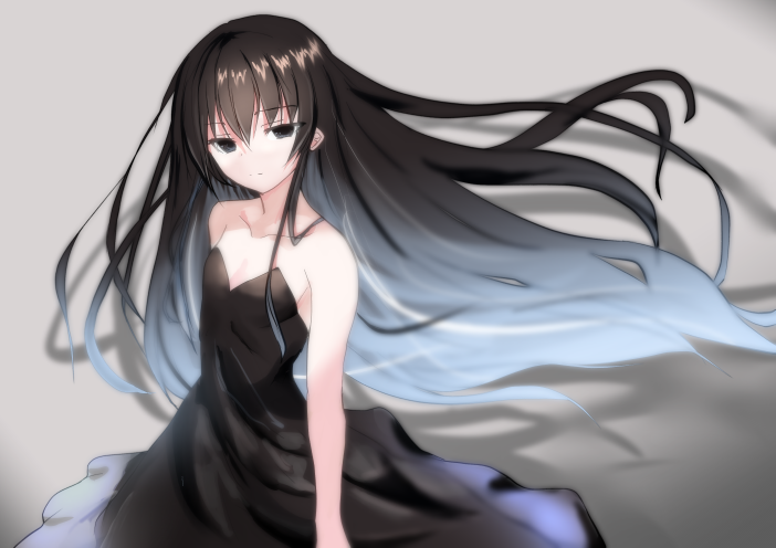 1girl, black_dress, black_eyes, black_hair, dress, gradient_hair, long_hair, looking_at_viewer