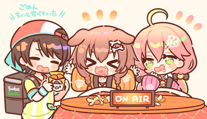 3girls, ahoge, animal_ears, backpack, backwards_hat, bag, baseball_cap, bell, black_hair, bone_hair_ornament, braid, brand_name_imitation, brown_hair, dog_ears, dog_girl, fang, green_eyes, hair_ornament, hairclip, hat, highres, hololive, inugami_korone, jingle_bell, kotatsu, low_twin_braids, low_twintails, mashiro_miru, multiple_girls, oozora_subaru, pink_hair, robe, sakura_miko, shirt, short_hair, striped, striped_robe, striped_shirt, subaru_duck, table, tied_shirt, translation_request, twin_braids, twintails, uber_eats, virtual_youtuber, wavy_hair, wristband