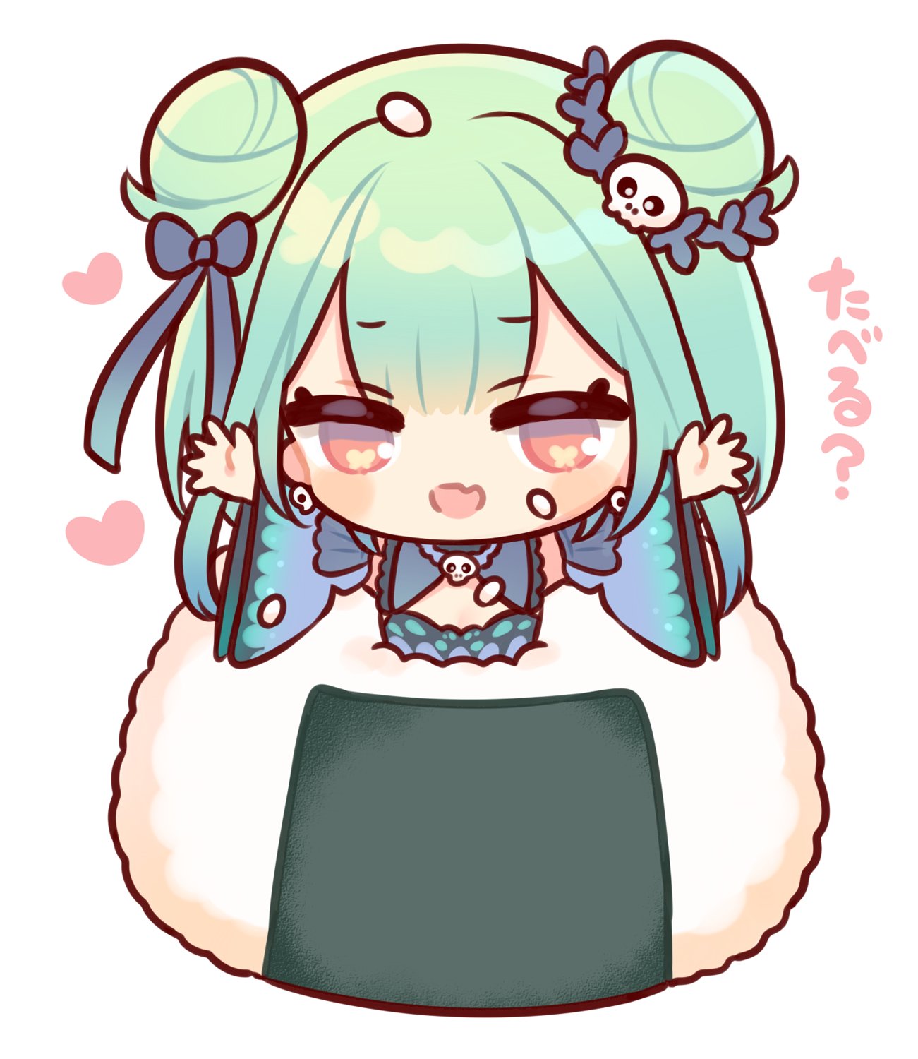 1girl, butterfly_in_eye, chibi, detached_sleeves, double_bun, fang, flat_chest, food