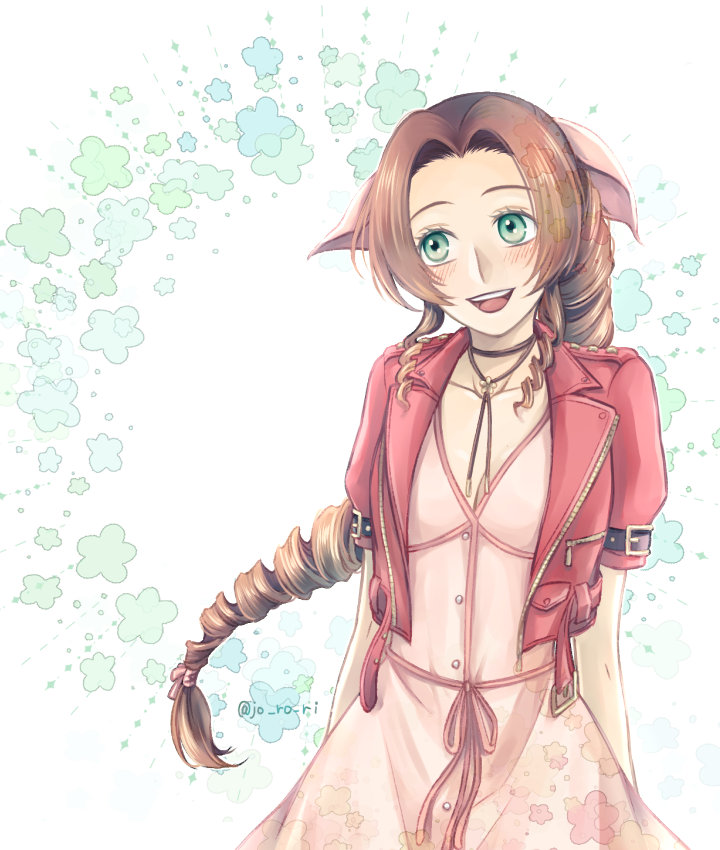 1girl, aerith_gainsborough, arms_behind_back, bangs, blush, braid, braided_ponytail, breasts