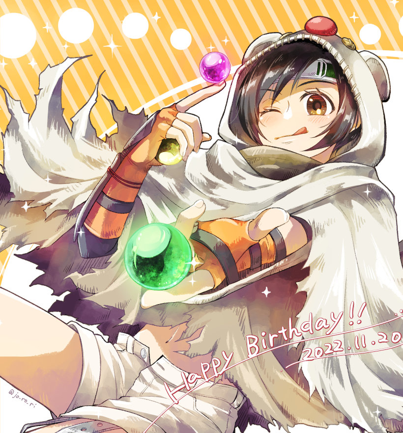 1girl, animal_hood, arm_guards, asymmetrical_bangs, ball, bangs, black_hair, brown_eyes, cloak, cowboy_shot, dated, final_fantasy, final_fantasy_vii, final_fantasy_vii_remake, fingerless_gloves, gloves, happy_birthday, headband, holding, holding_ball, hood, hood_up, hooded_cloak, jo_ro_ri, looking_at_viewer, materia, midriff, moogle, navel, one_eye_closed, orange_background, orange_gloves, outstretched_hand, short_hair, short_shorts, shorts, smile, solo, sparkle, tongue, tongue_out, torn_cloak, torn_clothes, twitter_username, unbuttoned_shorts, white_cloak, white_shorts, yuffie_kisaragi