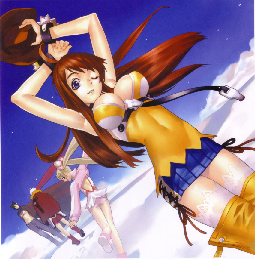 armpits, arms_up, bakuretsu_tenshi, blue_eyes, breasts, brown_hair, cowboy_hat, hakua_ugetsu