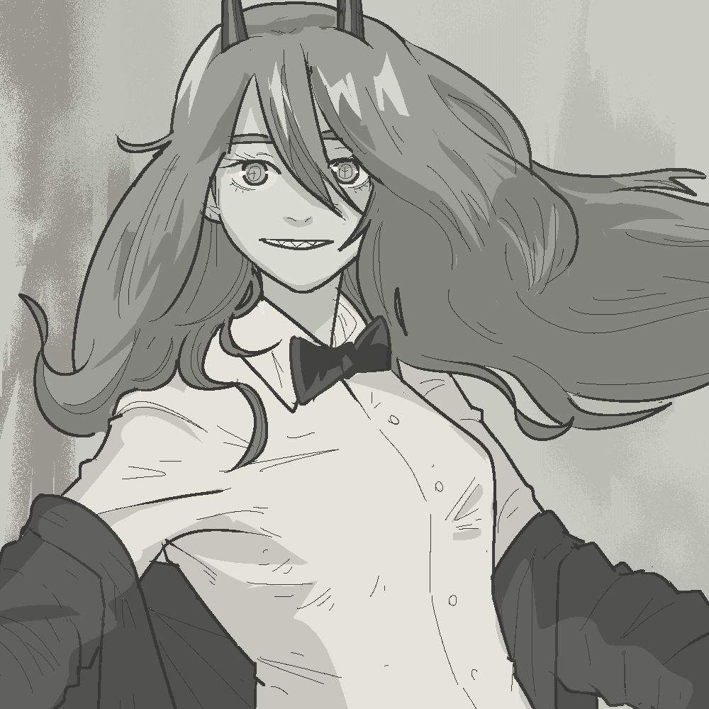 album_cover_redraw, bow, bowtie, chainsaw_man, cross-shaped_pupils, derivative_work, greyscale, horns