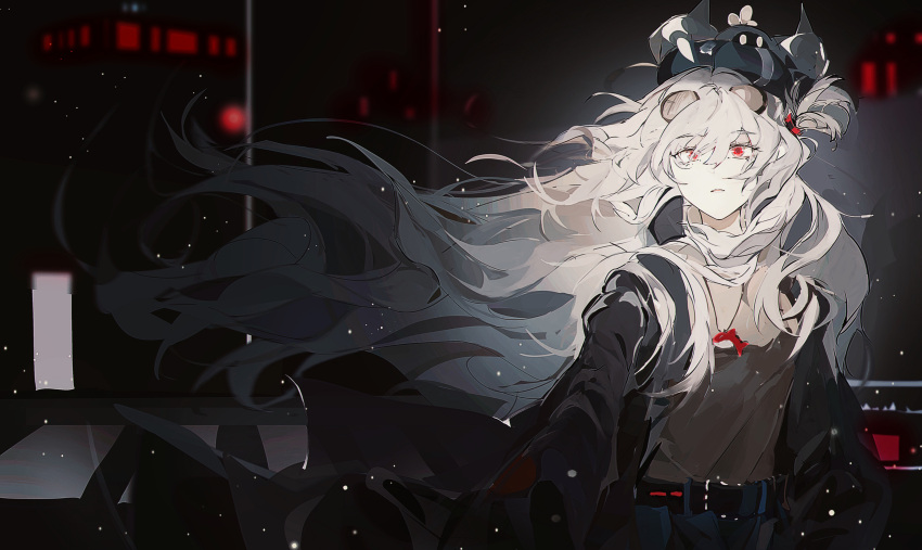 1girl, absurdres, animal, arknights, black_jacket, black_pants, eyewear_on_head, floating_hair