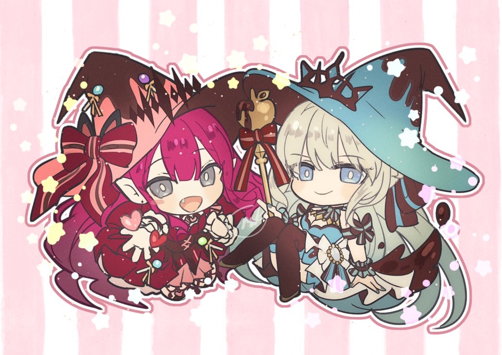 2girls, bangs, blue_eyes, blue_nails, blunt_bangs, bow, bright_pupils, chibi, dress, fairy_knight_tristan_(fate), fairy_knight_tristan_(valentine_witches)_(fate), fate/grand_order, fate_(series), grey_eyes, hat, hat_bow, heart, holding, holding_scepter, knees_together_feet_apart, long_hair, looking_at_viewer, mikanmochi, morgan_le_fay_(fate), morgan_le_fay_(valentine_witches)_(fate), mother_and_daughter, multiple_girls, outstretched_arm, pink_hair, pointy_ears, scepter, sidelocks, simple_background, smile, striped, striped_background, white_hair, white_pupils, witch_hat