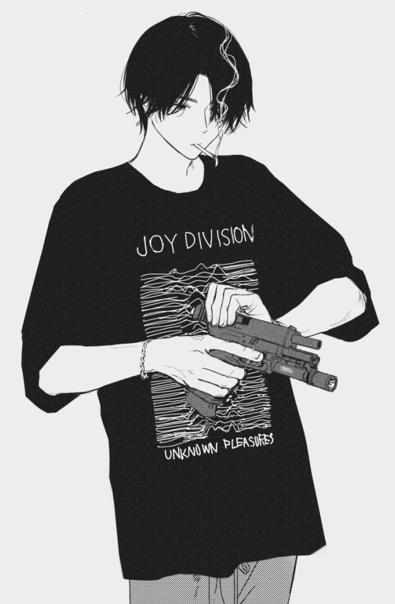 1boy, band_shirt, flashlight, greyscale, gun, handgun, hirota_tsuu, holding, holding_gun, holding_weapon, joy_division_(band), male_focus, merchandise, monochrome, mouth_hold, pants, simple_background, smoke, smoking, solo, standing, weapon, white_background