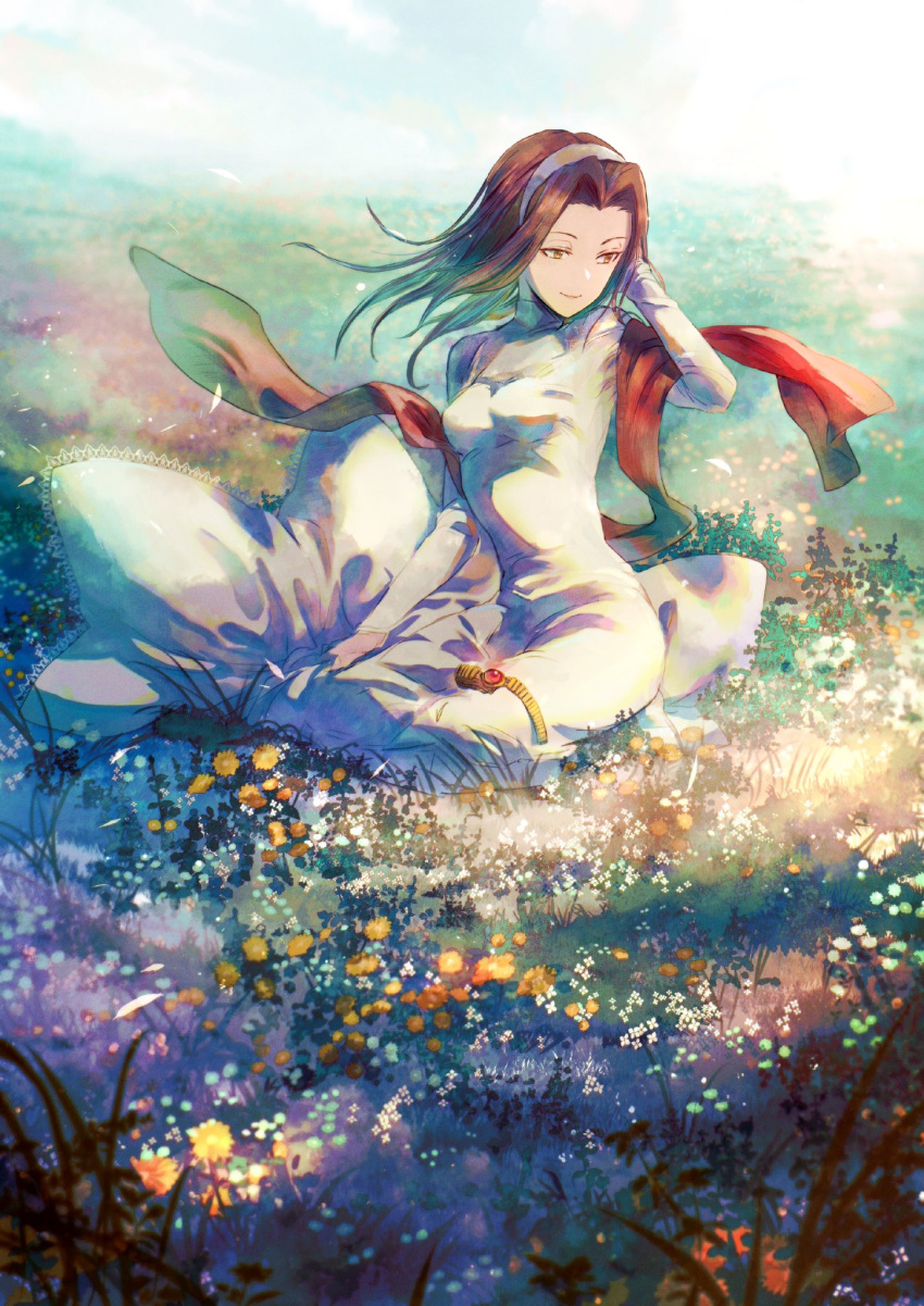 1girl, brown_eyes, brown_hair, catiua_powell, closed_mouth, crown, dress, flower