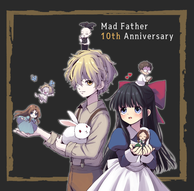 3boys, 3girls, alfred_drevis, apron, aya_drevis, bandage_over_one_eye, bangs, black_hair, blonde_hair, blunt_bangs, bow, braid, brown_hair, chibi, father_and_daughter, glasses, hair_bow, ines_(mad_father), labcoat, long_hair, mad_father, maid, maid_headdress, maria_(mad_father), monika_drevis, mother_and_daughter, multiple_boys, multiple_girls, official_art, ogre_(mad_father), puffy_sleeves, rabbit, robin_(mad_father), seeen, snowball_(mad_father), twin_braids