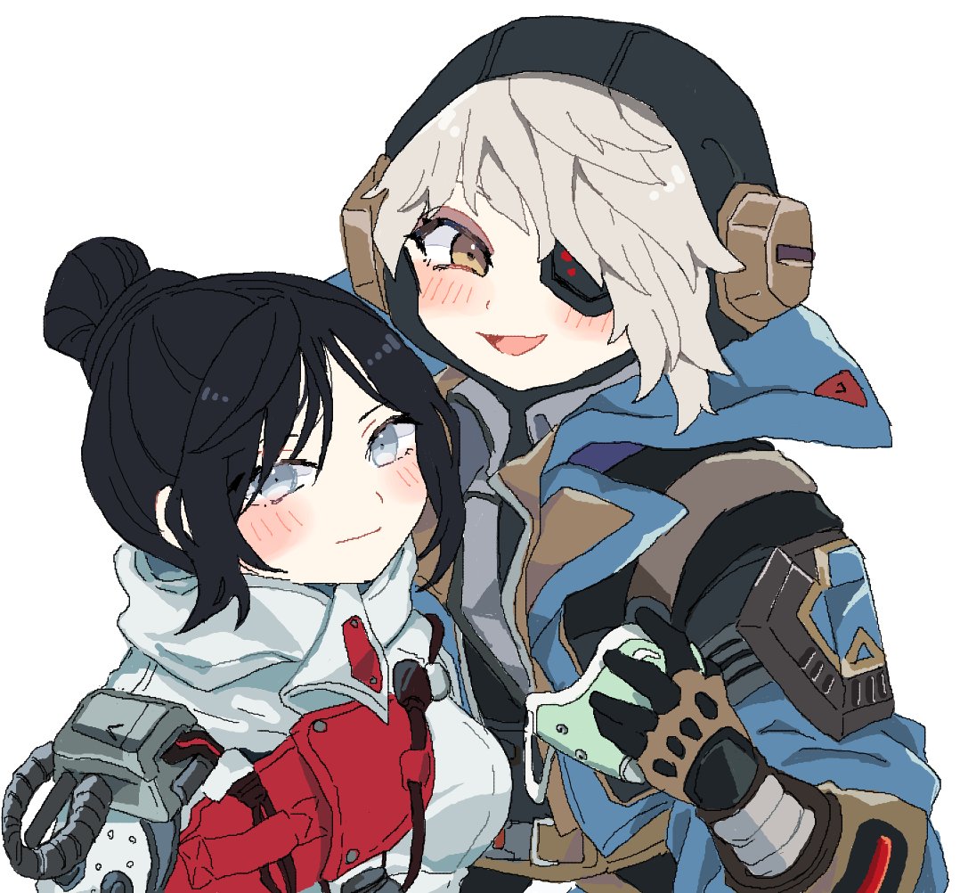 2girls, apex_legends, bangs, black_hair, black_headwear, blue_jacket, blush, breasts