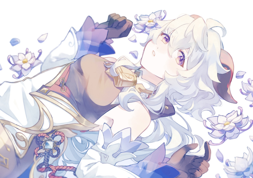 1girl, ahoge, bangs, bare_shoulders, bell, black_gloves, blue_flower, blue_hair