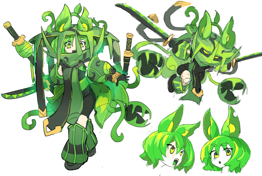 1girl, animal_ears, black_gloves, bodysuit, commentary, covered_face, gloves, glowing, green_eyes, green_gloves, green_hair, green_headwear, green_tabard, hat, high_collar, highres, katana, leaf, leg_warmers, looking_at_viewer, mix_(candlmix), multiple_views, open_hand, original, outstretched_arms, pale_skin, personification, plant, plant_hair, running, sharp_teeth, sheath, sheathed, simple_background, sketch, smile, sword, tabard, teeth, tentacles, thick_eyebrows, triangle_mouth, unfinished, unsheathed, v-shaped_eyebrows, venus_flytrap, walking, weapon, white_background