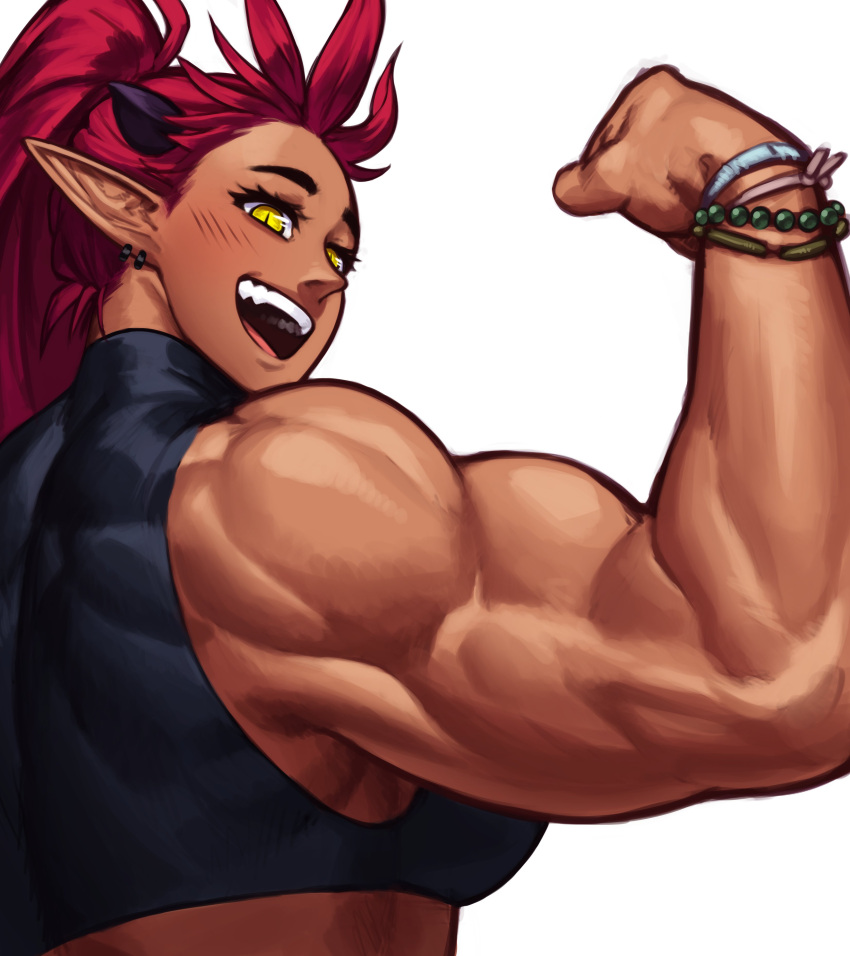 1girl, absurdres, ali_(sotcho), bead_bracelet, beads, biceps, black_horns, bracelet, crop_top, dark-skinned_female, dark_skin, earrings, high_ponytail, highres, horns, jewelry, looking_at_viewer, muscular, muscular_female, open_mouth, original, pointy_ears, redhead, slit_pupils, smile, solo, sotcho, white_background, yellow_eyes