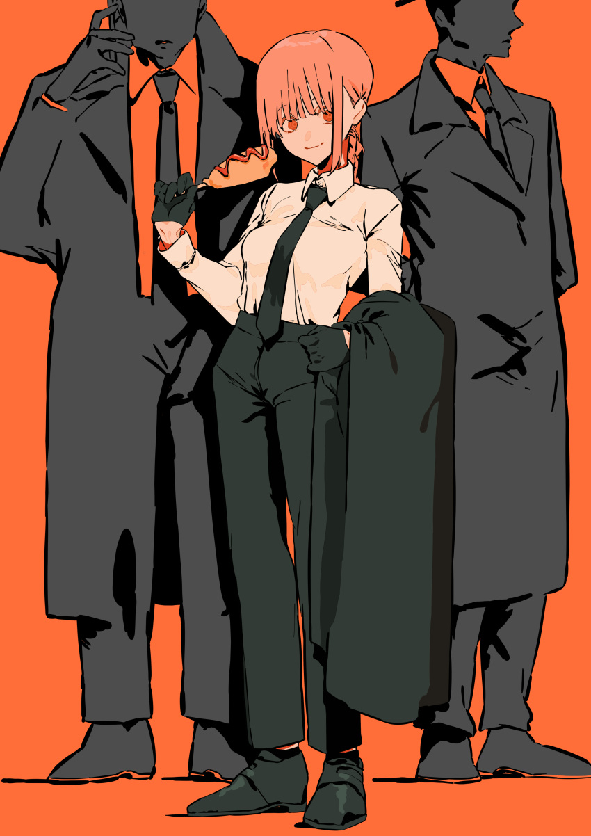 1girl, 2others, absurdres, arms_behind_back, bangs, black_coat, black_footwear, black_gloves