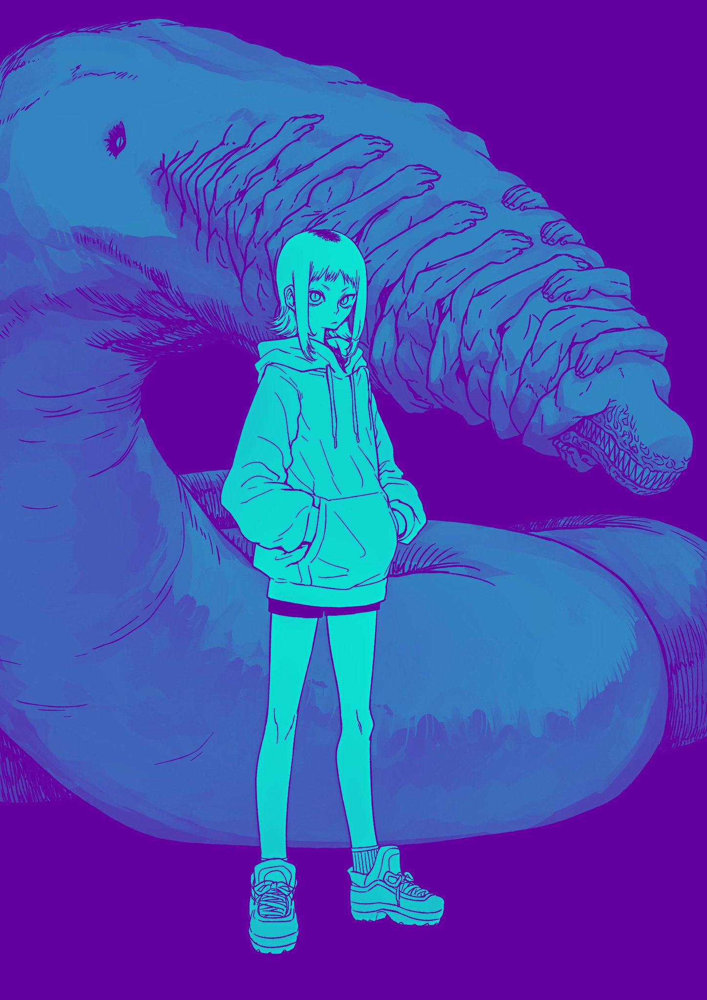 1girl, akane_sawatari_(chainsaw_man), blue_background, blue_theme, chainsaw_man, extra_arms, hands_in_pockets, highres