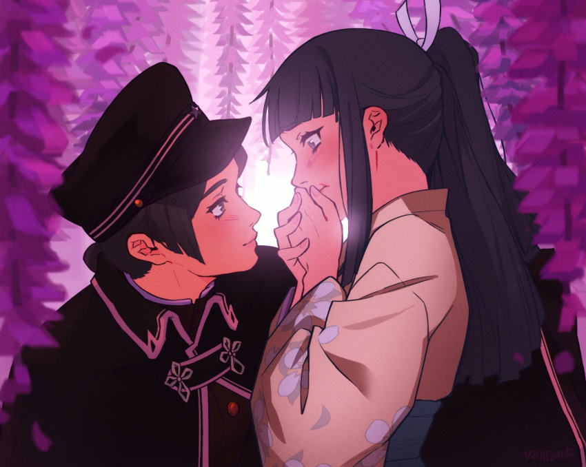 2girls, ace_attorney, black_hair, black_headwear, blush, commentary, english_commentary, eye_contact, flower, from_side, highres, japanese_clothes, kimono, long_hair, long_sleeves, looking_at_another, multiple_girls, obi, ponytail, rei_membami, sash, sidelocks, susato_mikotoba, the_great_ace_attorney, upper_body, vampaniki, wisteria, yuri