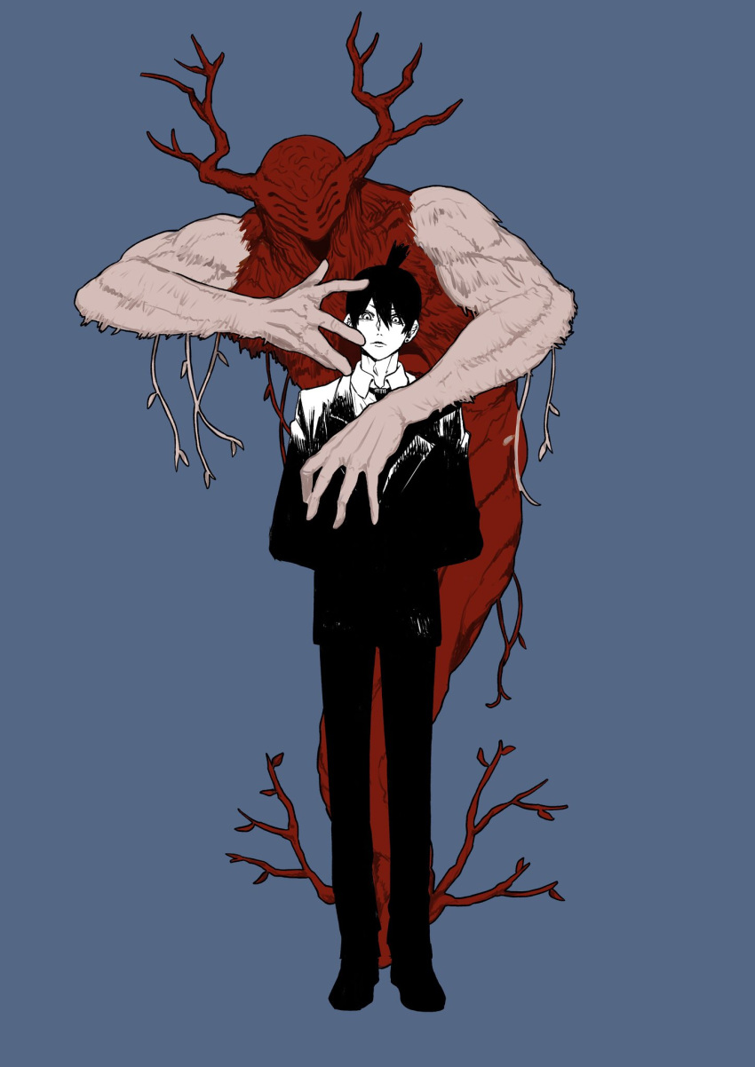 1boy, 1other, antlers, arms_behind_back, bangs, black_necktie, black_pants, branch