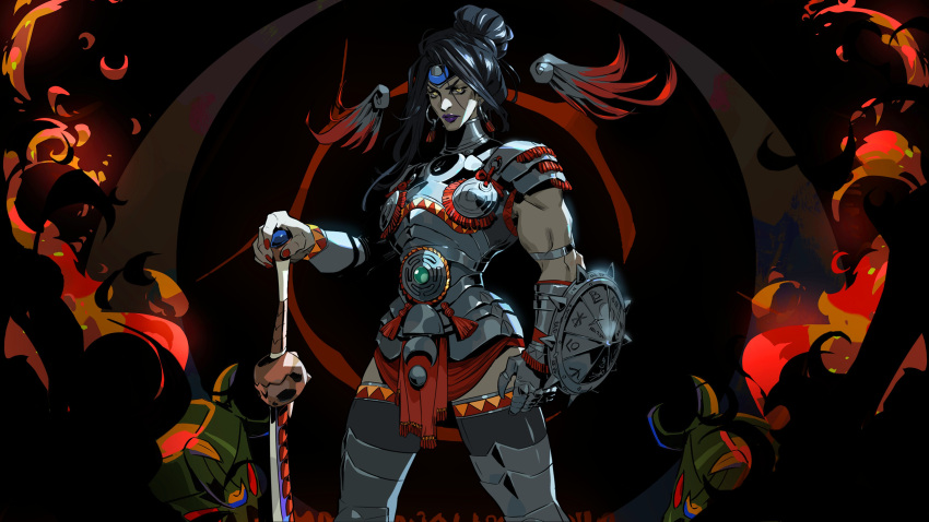 1girl, absurdres, arm_shield, armor, biceps, black_hair, cowboy_shot, cuisses
