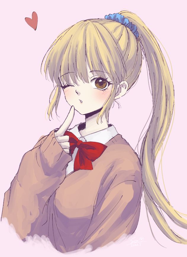 1girl, blonde_hair, brown_eyes, cardigan, hair_ornament, hair_scrunchie, long_hair, misao, official_art, one_eye_closed, ponytail, saotome_haruna_(misao), school_uniform, scrunchie, seeen, sweater, upper_body