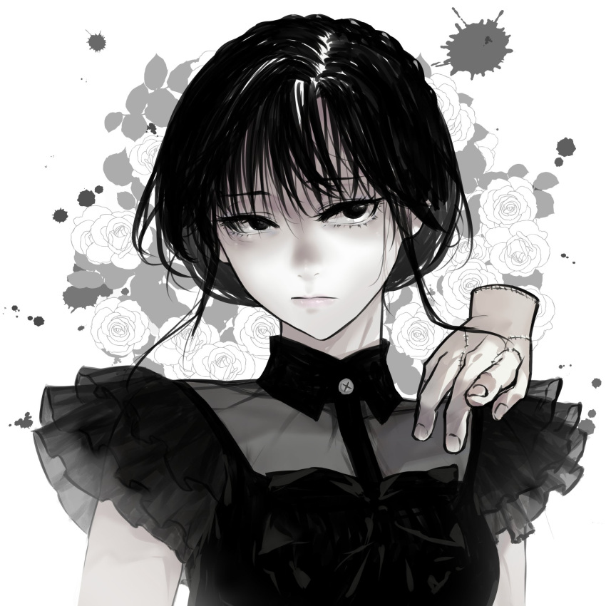 1girl, addams_family, animification, black_dress, black_eyes, black_hair, closed_mouth, disembodied_limb