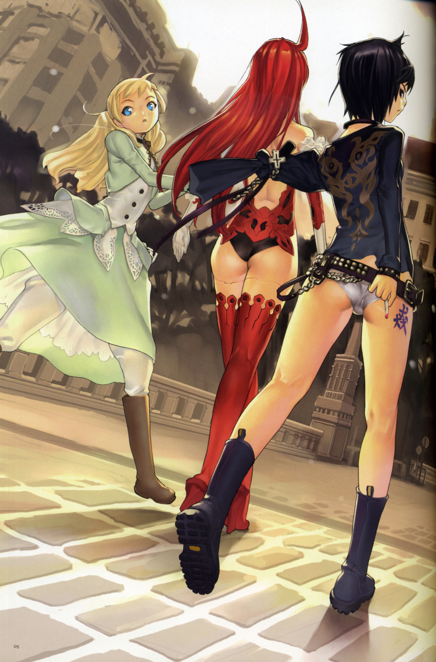 3girls, absurdres, ahoge, ass, binding_discoloration, boots, bridge, cigarette