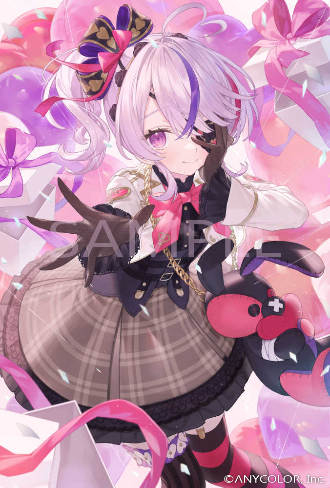 1girl, ahoge, asymmetrical_legwear, balloon, bangs, black_bow, black_gloves, black_shirt