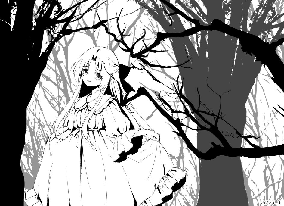 1girl, aged_down, bow, branch, curtsey, dress, female_child, hair_bow