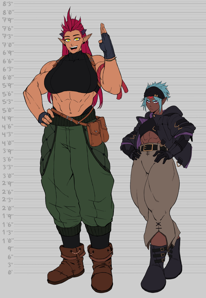 2girls, abs, absurdres, ali_(sotcho), baggy_pants, bandana, belt, belt_pouch