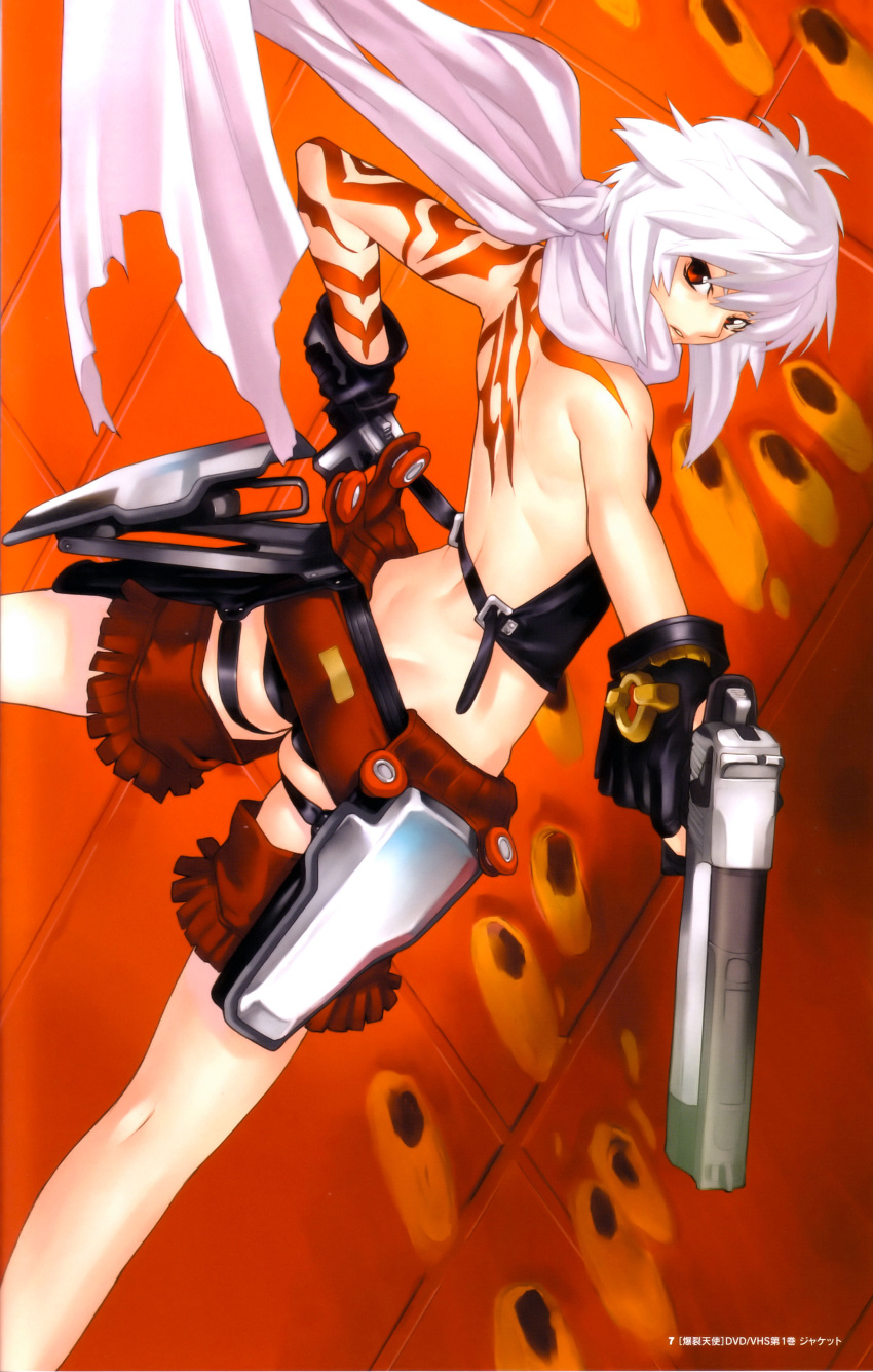 absurdres, bakuretsu_tenshi, bare_shoulders, bullet_holes, fingerless_gloves, gun, hakua_ugetsu, holster